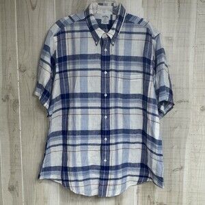 Brooks Brothers Shirt Mens XXL Blue Plaid Regent Linen Short Sleeve Button Down